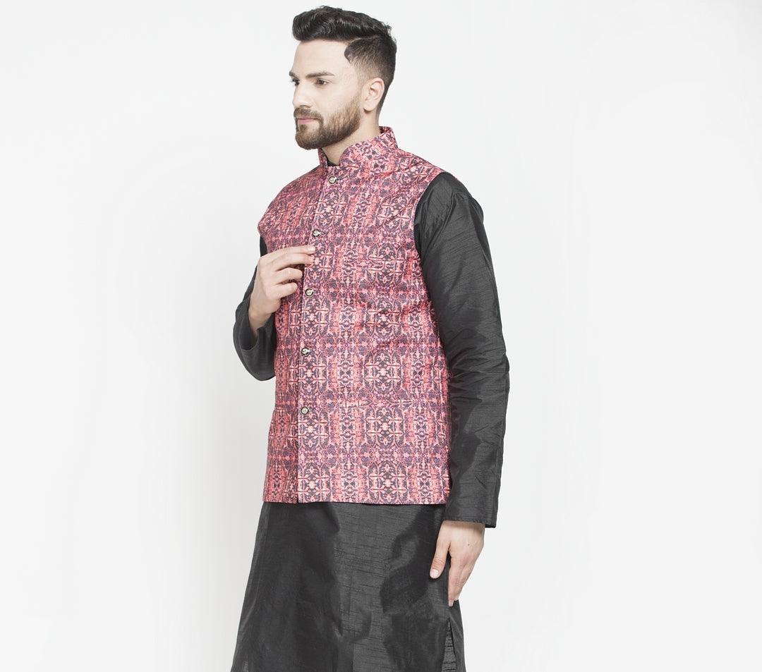 Men's Black & Coral Printed Nehru Jacket - Benstoke - Indiakreations