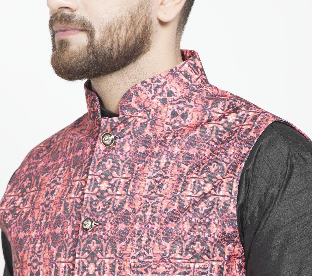 Men's Black & Coral Printed Nehru Jacket - Benstoke - Indiakreations