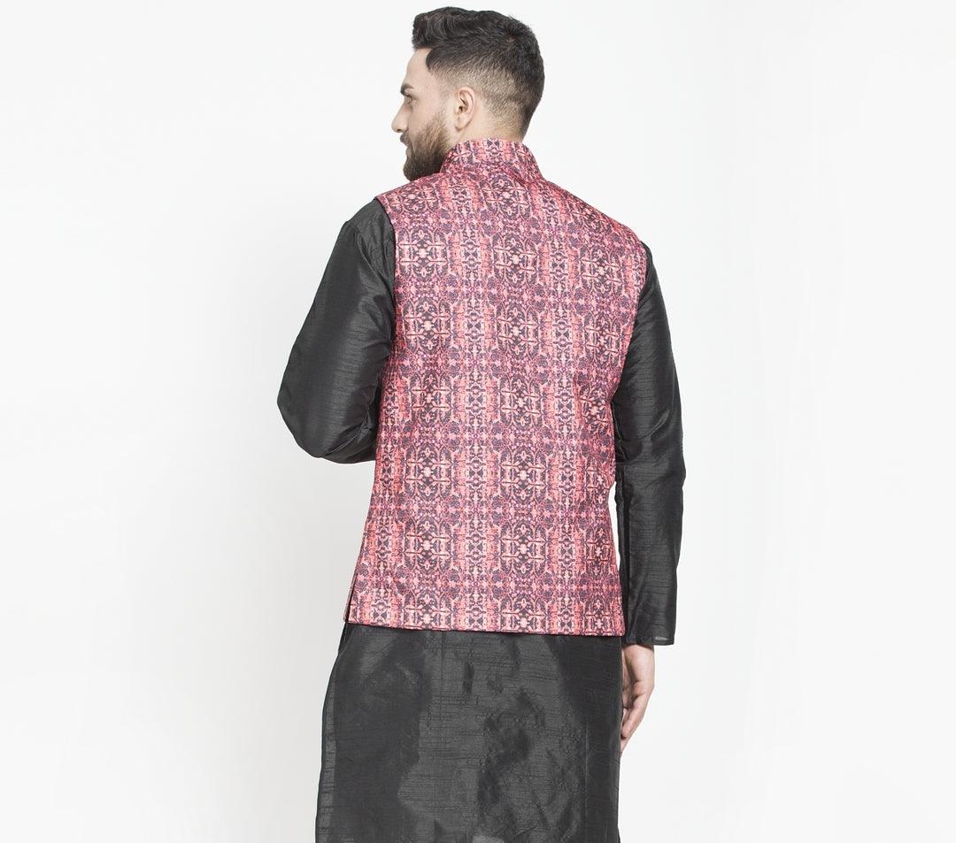 Men's Black & Coral Printed Nehru Jacket - Benstoke - Indiakreations