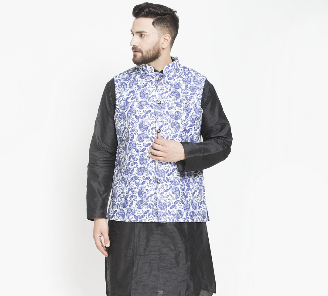 Men's White & Royal Blue Printed Nehru Jacket - Benstoke