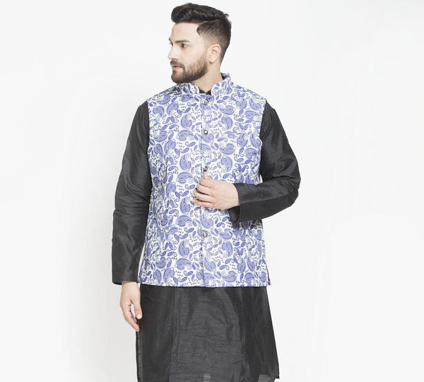 Men's White & Royal Blue Printed Nehru Jacket - Benstoke - Indiakreations