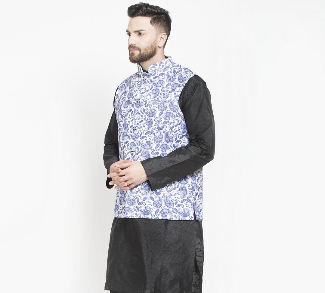 Men's White & Royal Blue Printed Nehru Jacket - Benstoke - Indiakreations