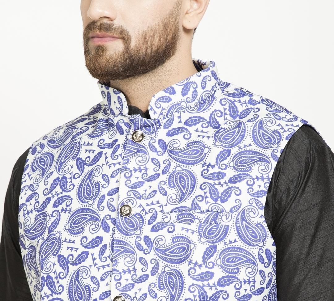 Men's White & Royal Blue Printed Nehru Jacket - Benstoke - Indiakreations