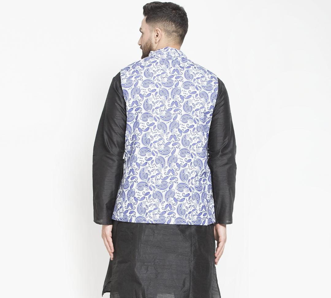 Men's White & Royal Blue Printed Nehru Jacket - Benstoke - Indiakreations