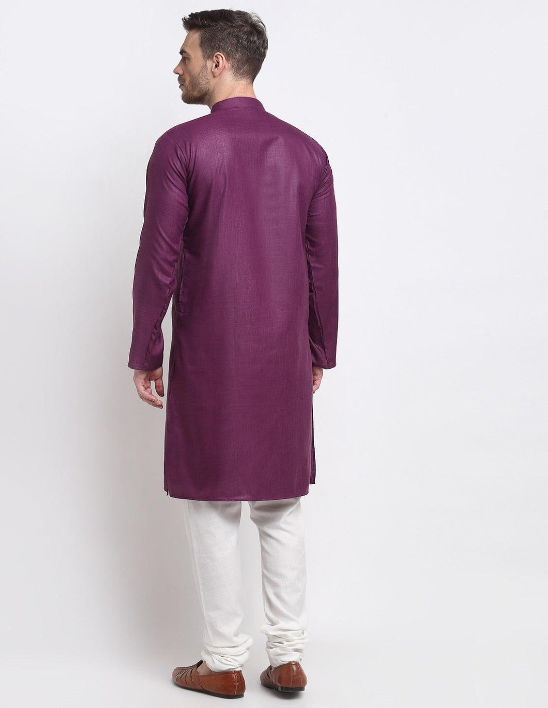 Men's Purple & White Cotton Solid Kurta With Churidaar Set - Benstoke - Indiakreations