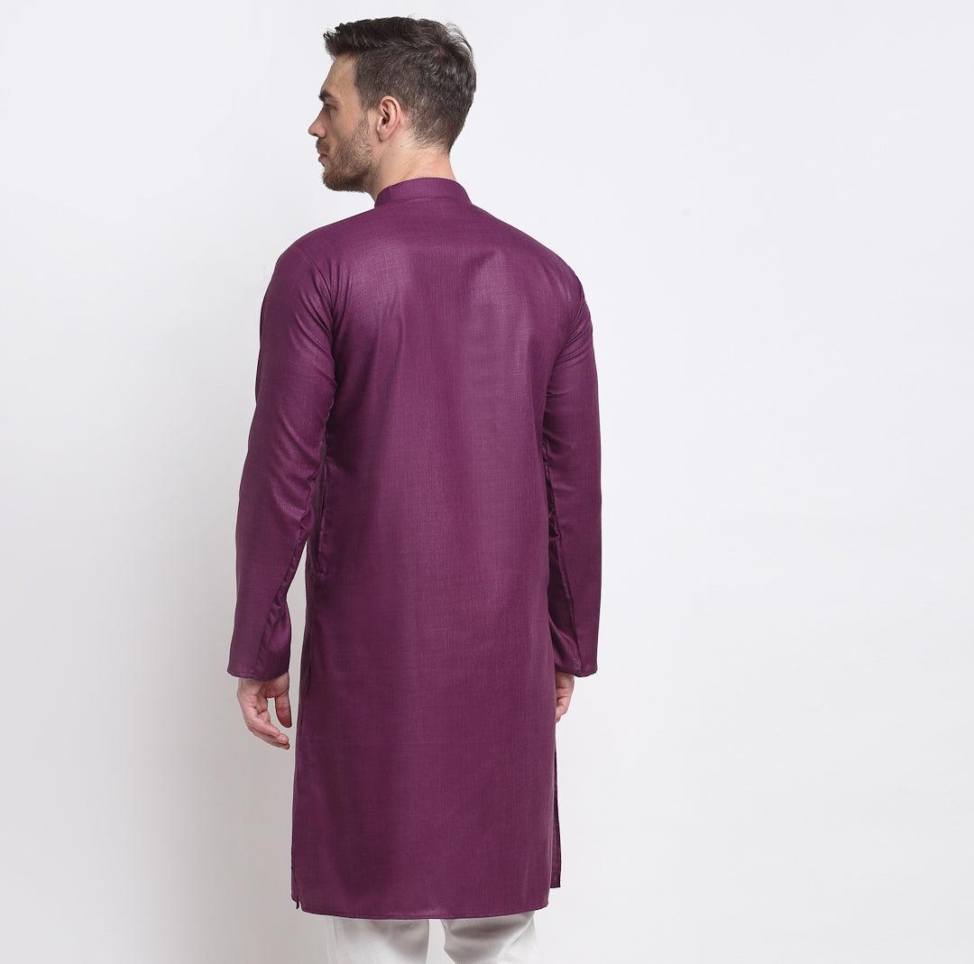 Men's Cotton Blend Purple Straight Long Kurta - Benstoke - Indiakreations