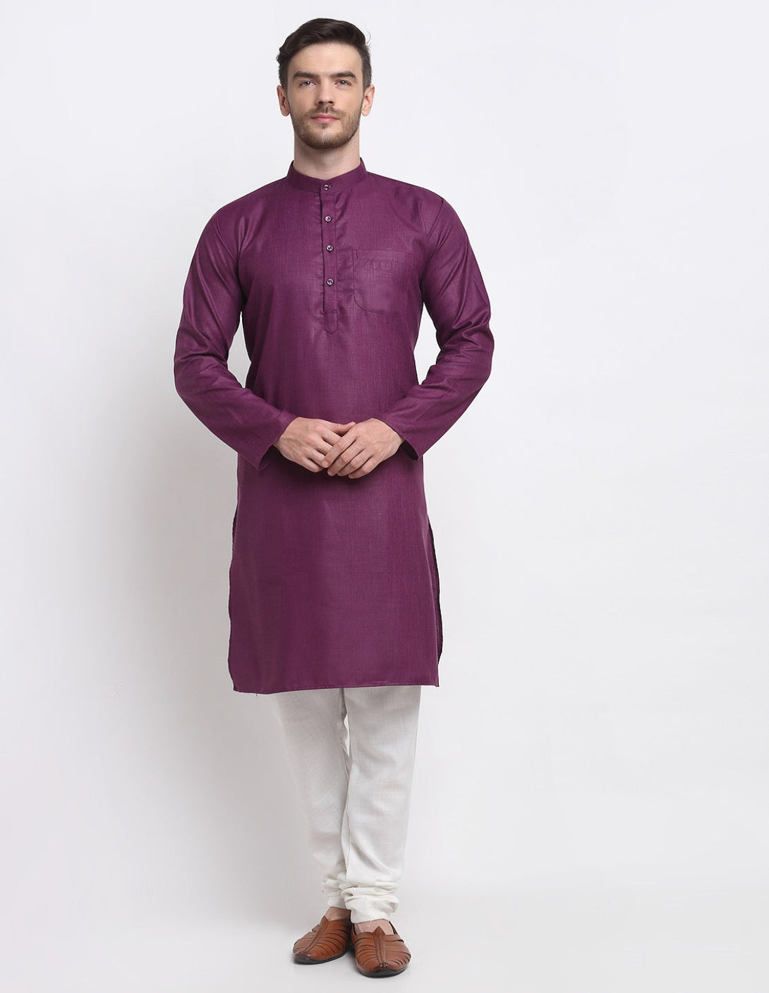 Men's Purple & White Cotton Solid Kurta With Churidaar Set - Benstoke