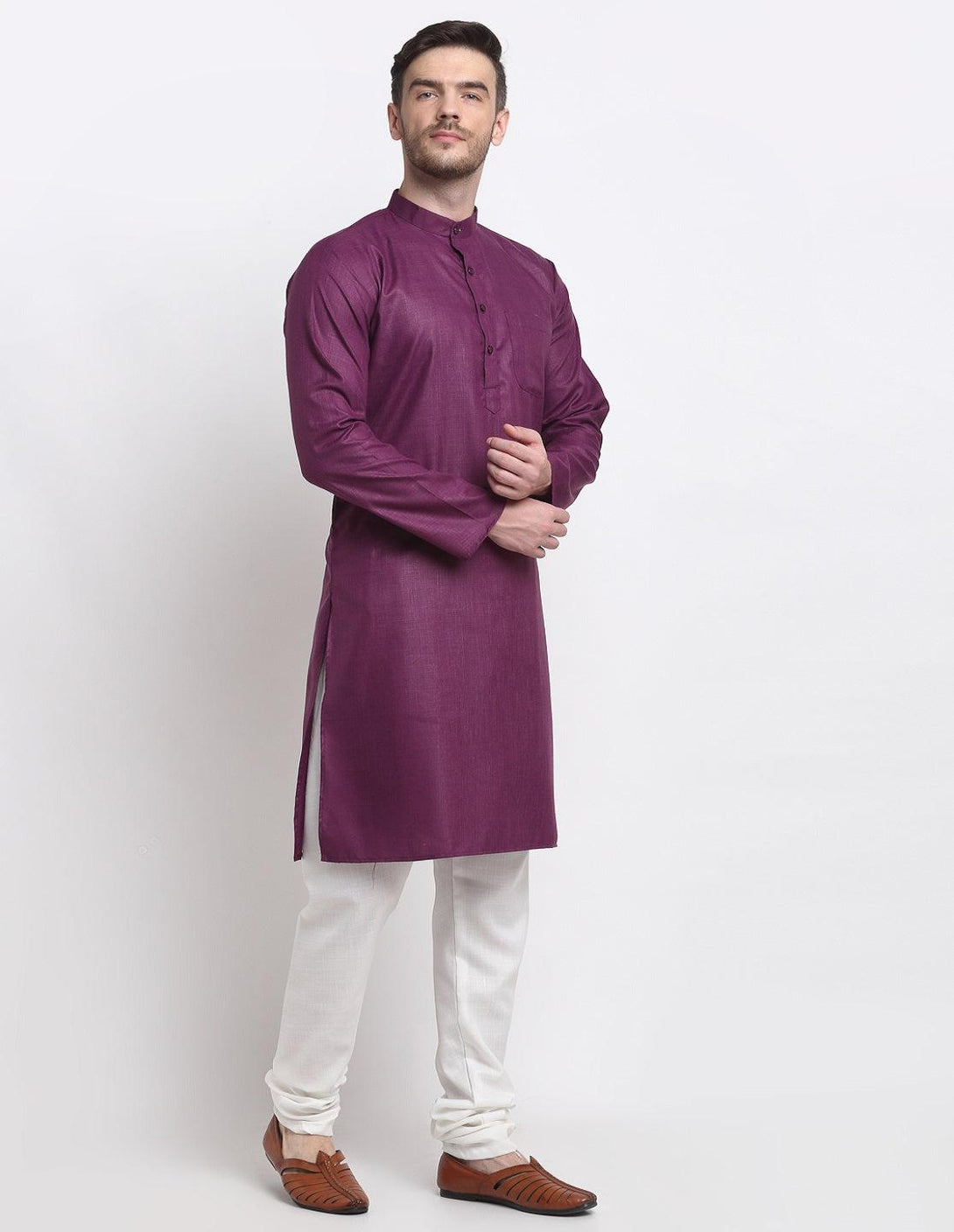 Men's Purple & White Cotton Solid Kurta With Churidaar Set - Benstoke - Indiakreations