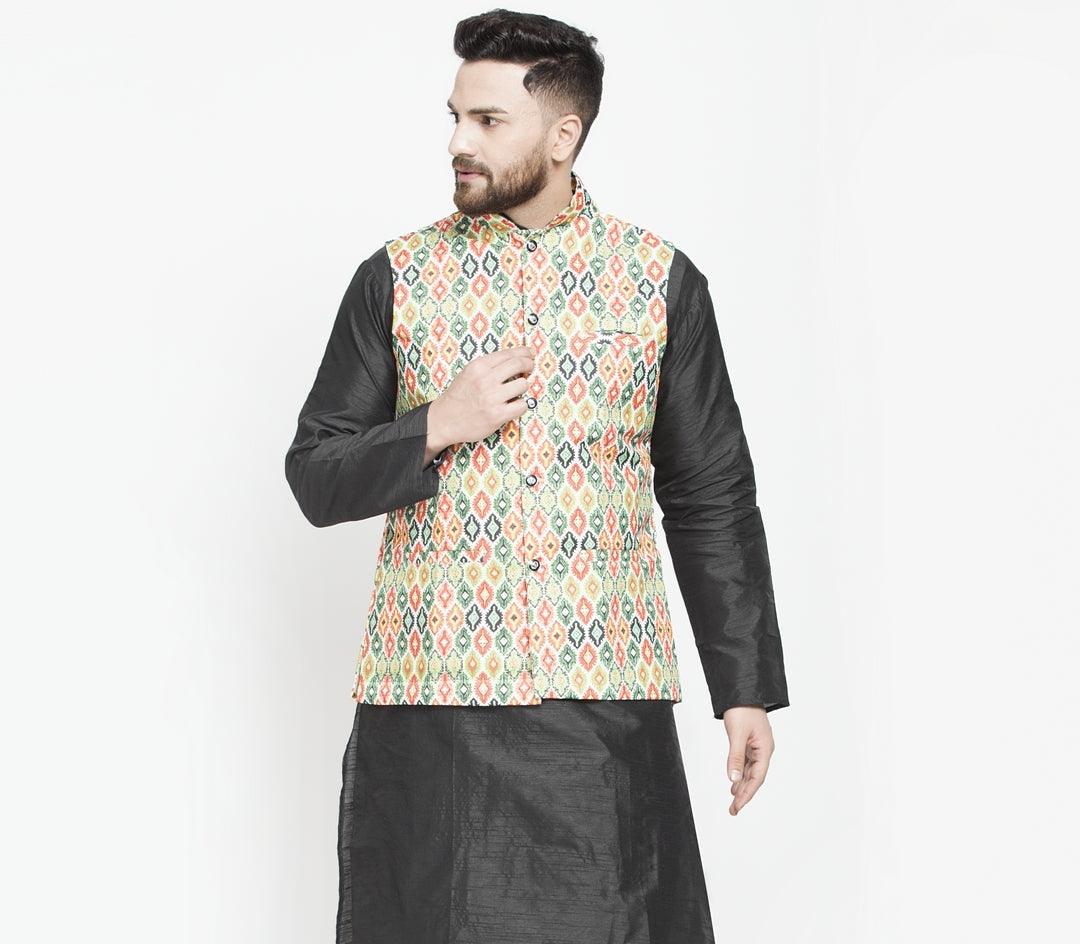 Men's Green & Multi Printed Nehru Jacket - Benstoke - Indiakreations