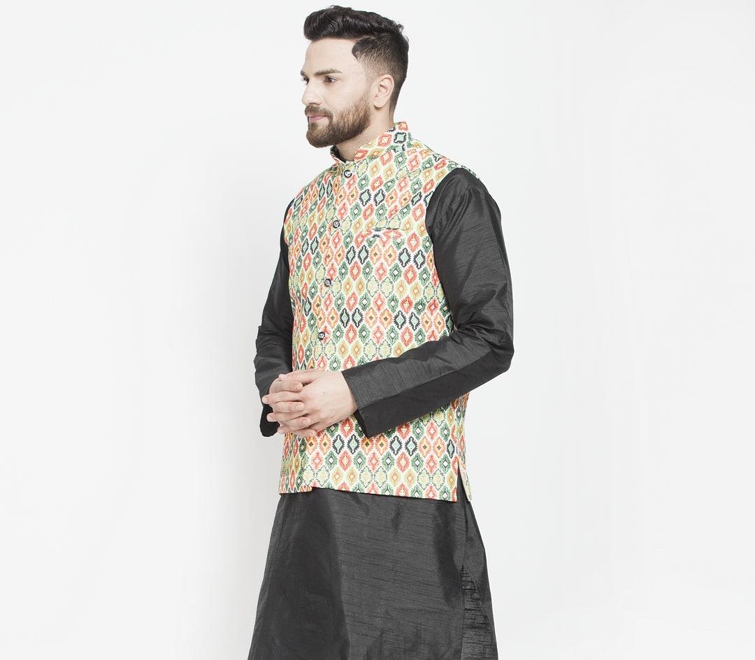 Men's Green & Multi Printed Nehru Jacket - Benstoke - Indiakreations