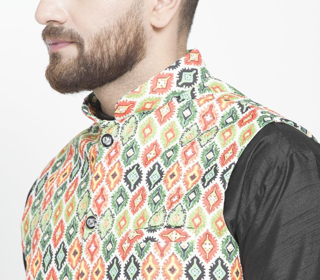 Men's Green & Multi Printed Nehru Jacket - Benstoke - Indiakreations