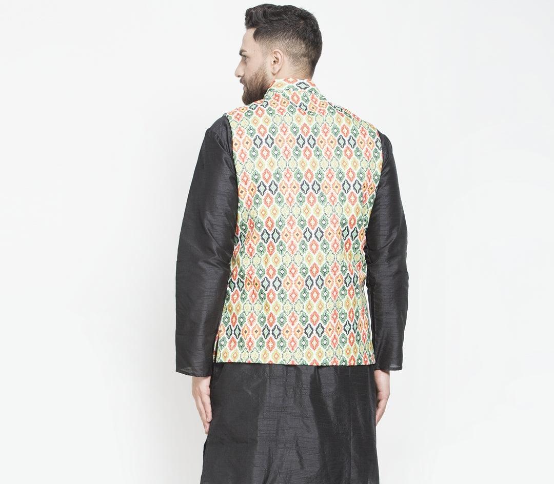 Men's Green & Multi Printed Nehru Jacket - Benstoke - Indiakreations