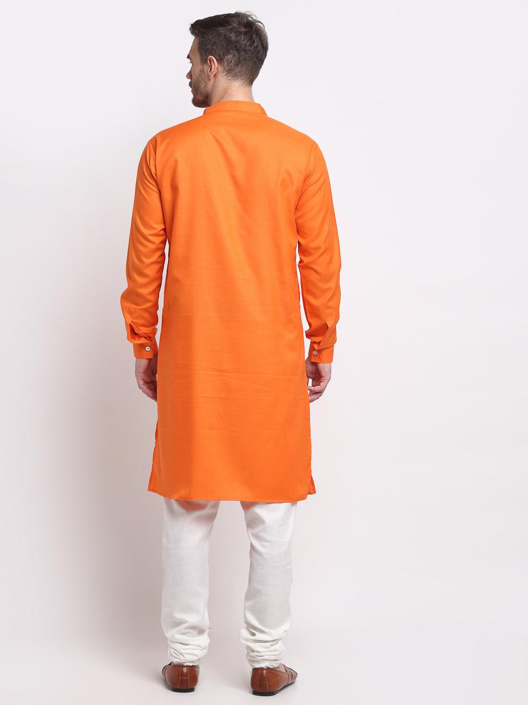 Men's Orange Pintuck Design Kurta With White Churidaar Pyjama - Benstoke - Indiakreations