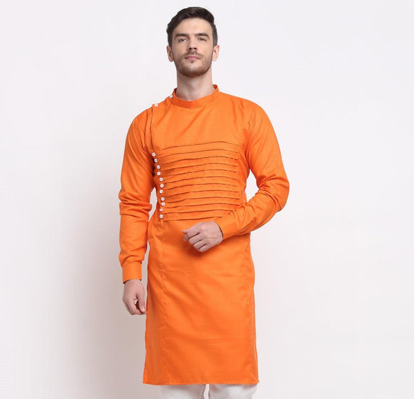 Men's Orange Solid Long Kurta - Benstoke - Indiakreations