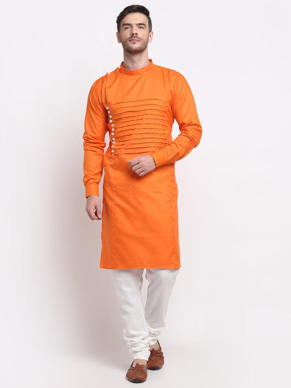 Men's Orange Pintuck Design Kurta With White Churidaar Pyjama - Benstoke - Indiakreations