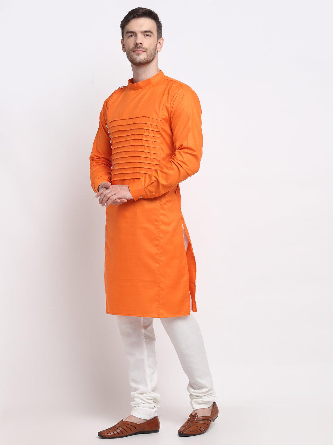 Men's Orange Pintuck Design Kurta With White Churidaar Pyjama - Benstoke - Indiakreations