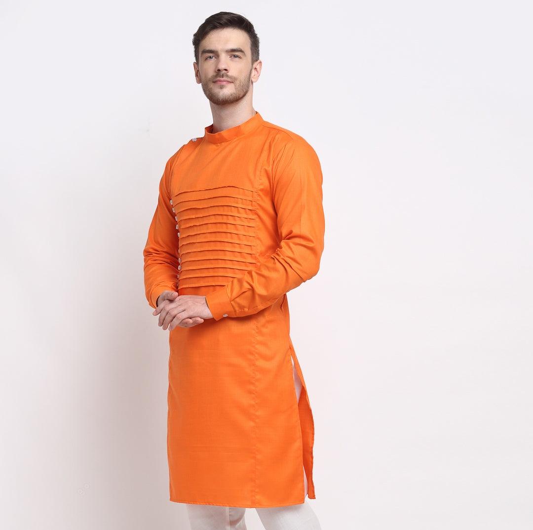 Men's Orange Solid Long Kurta - Benstoke - Indiakreations