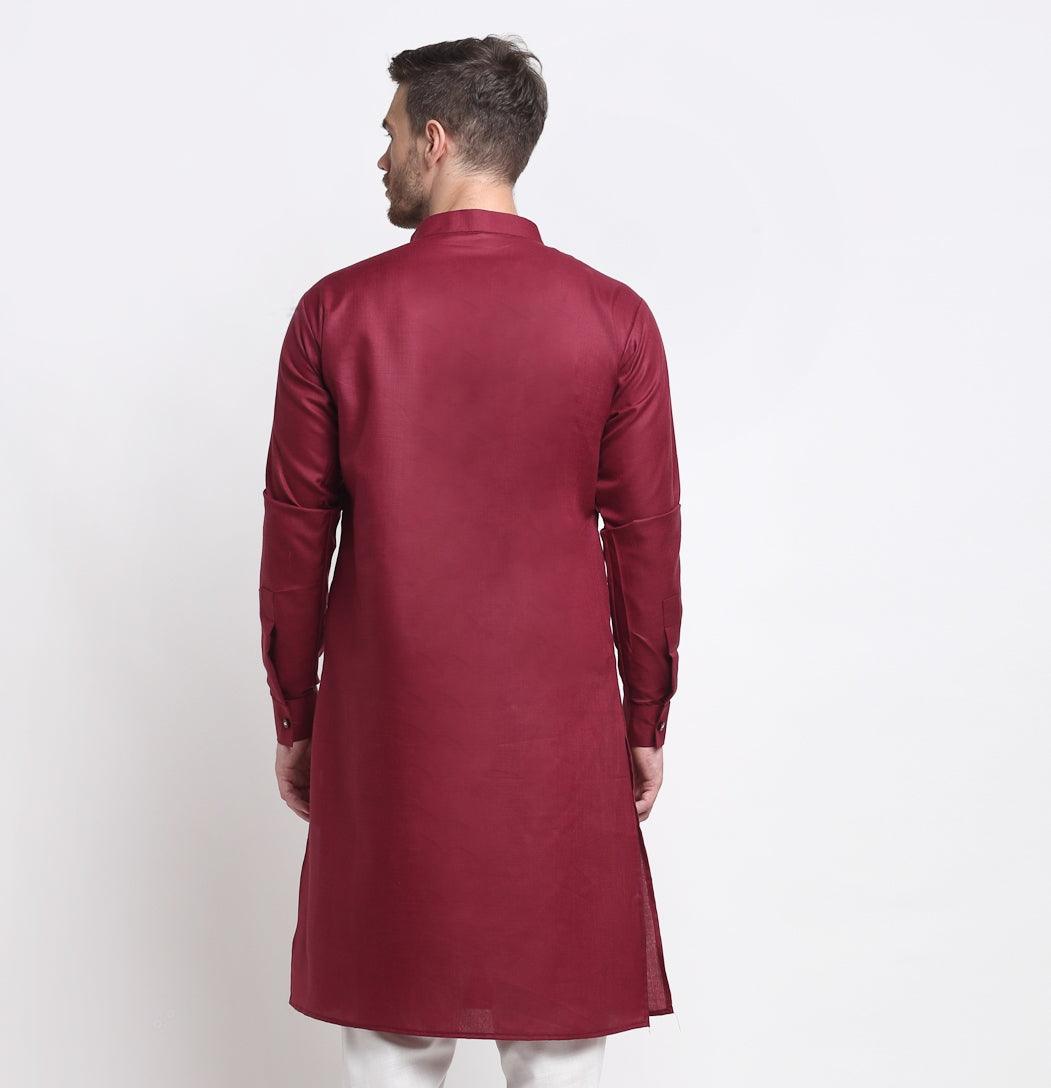 Men's Maroon Solid Long Kurta - Benstoke - Indiakreations