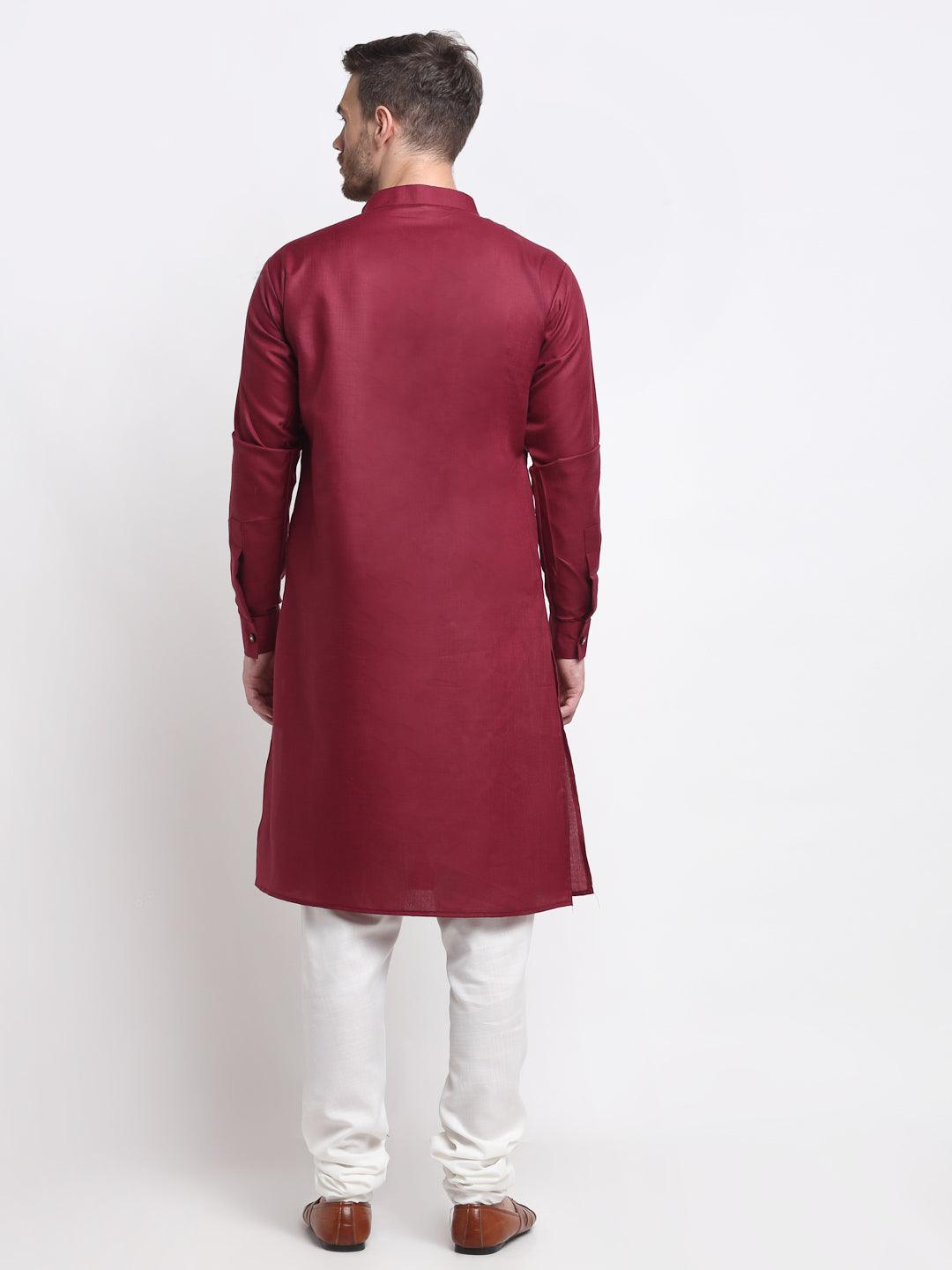 Men's Maroon Pintuck Design Kurta With White Churidaar Pyjama - Benstoke - Indiakreations