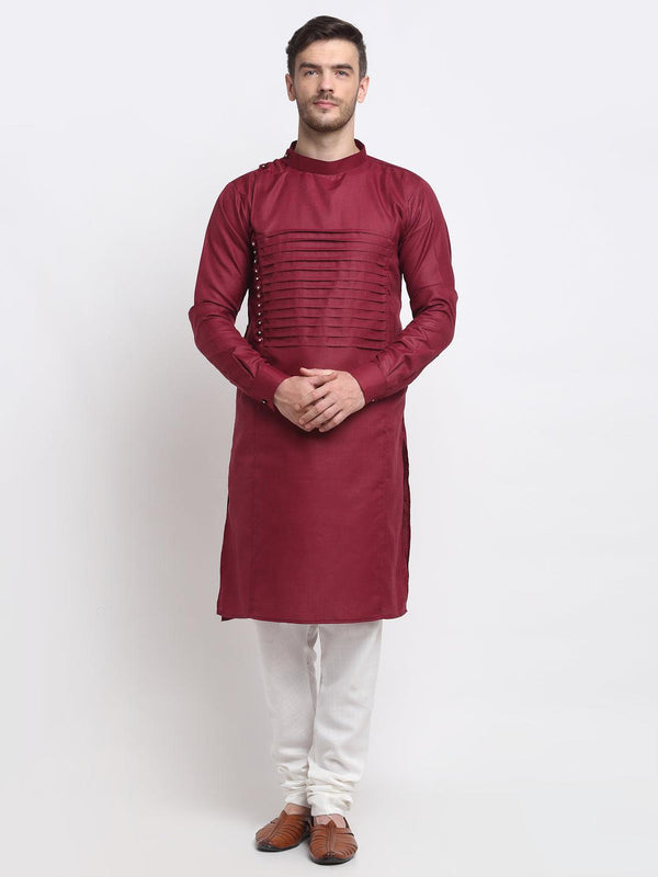 Men's Maroon Pintuck Design Kurta With White Churidaar Pyjama - Benstoke - Indiakreations