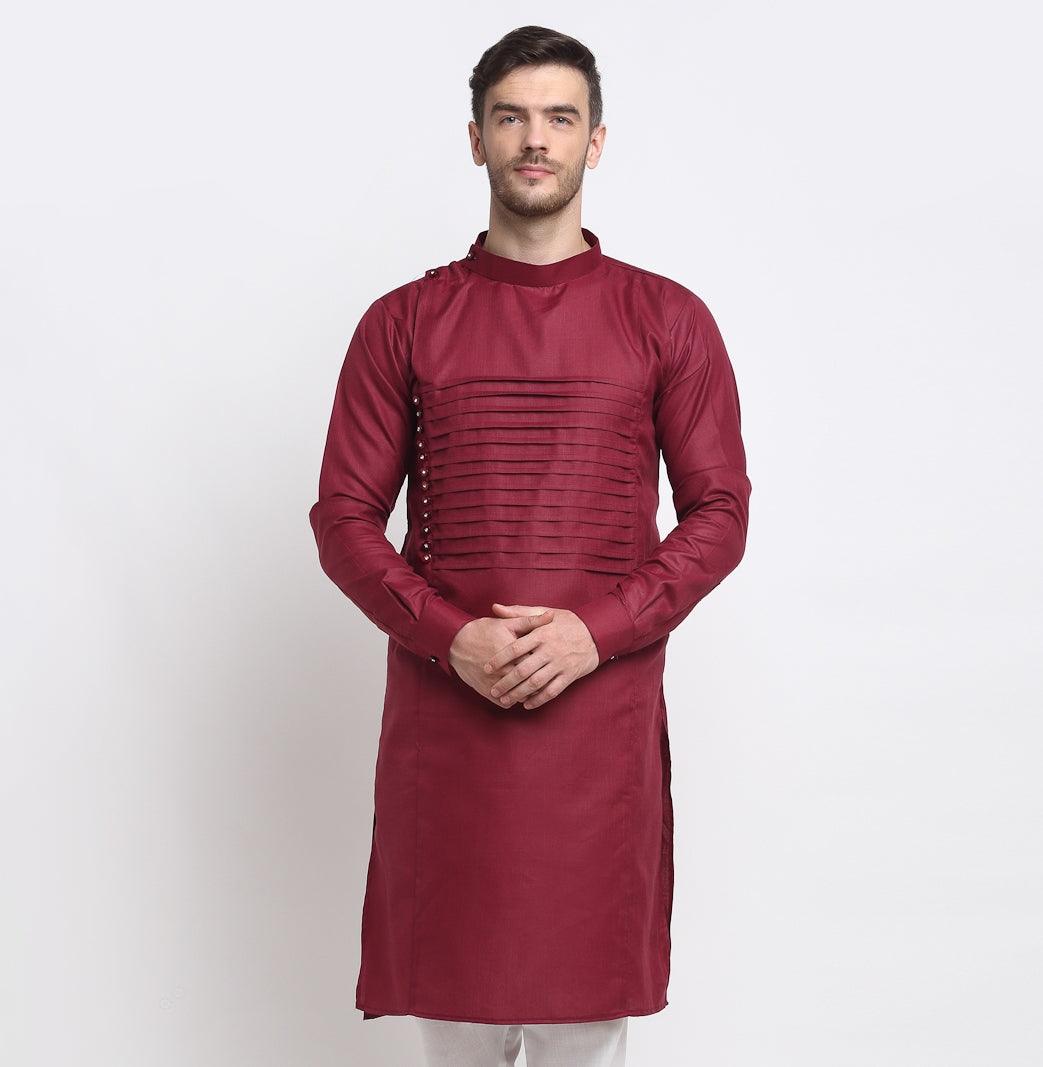 Men's Maroon Solid Long Kurta - Benstoke - Indiakreations