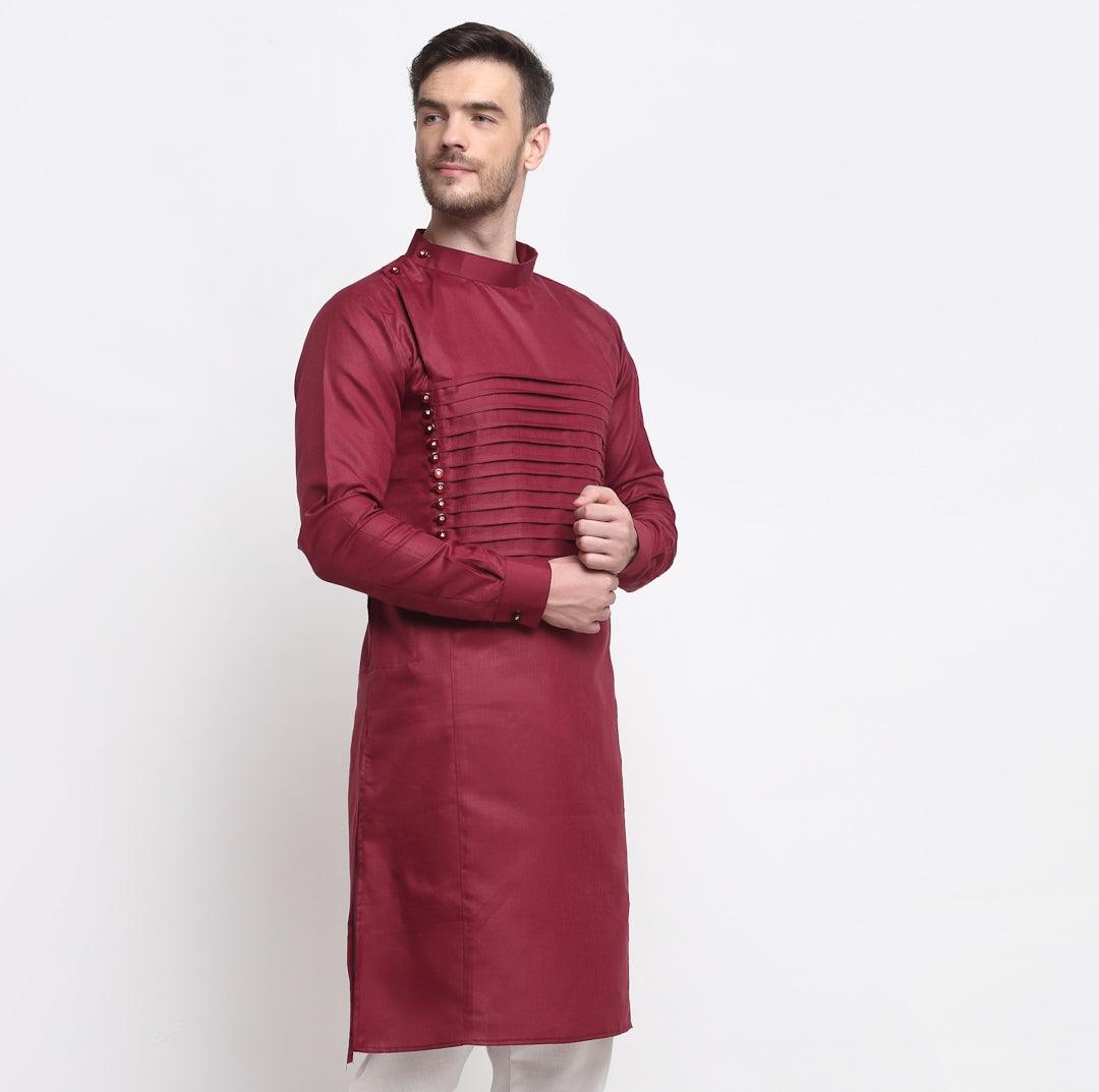 Men's Maroon Solid Long Kurta - Benstoke - Indiakreations