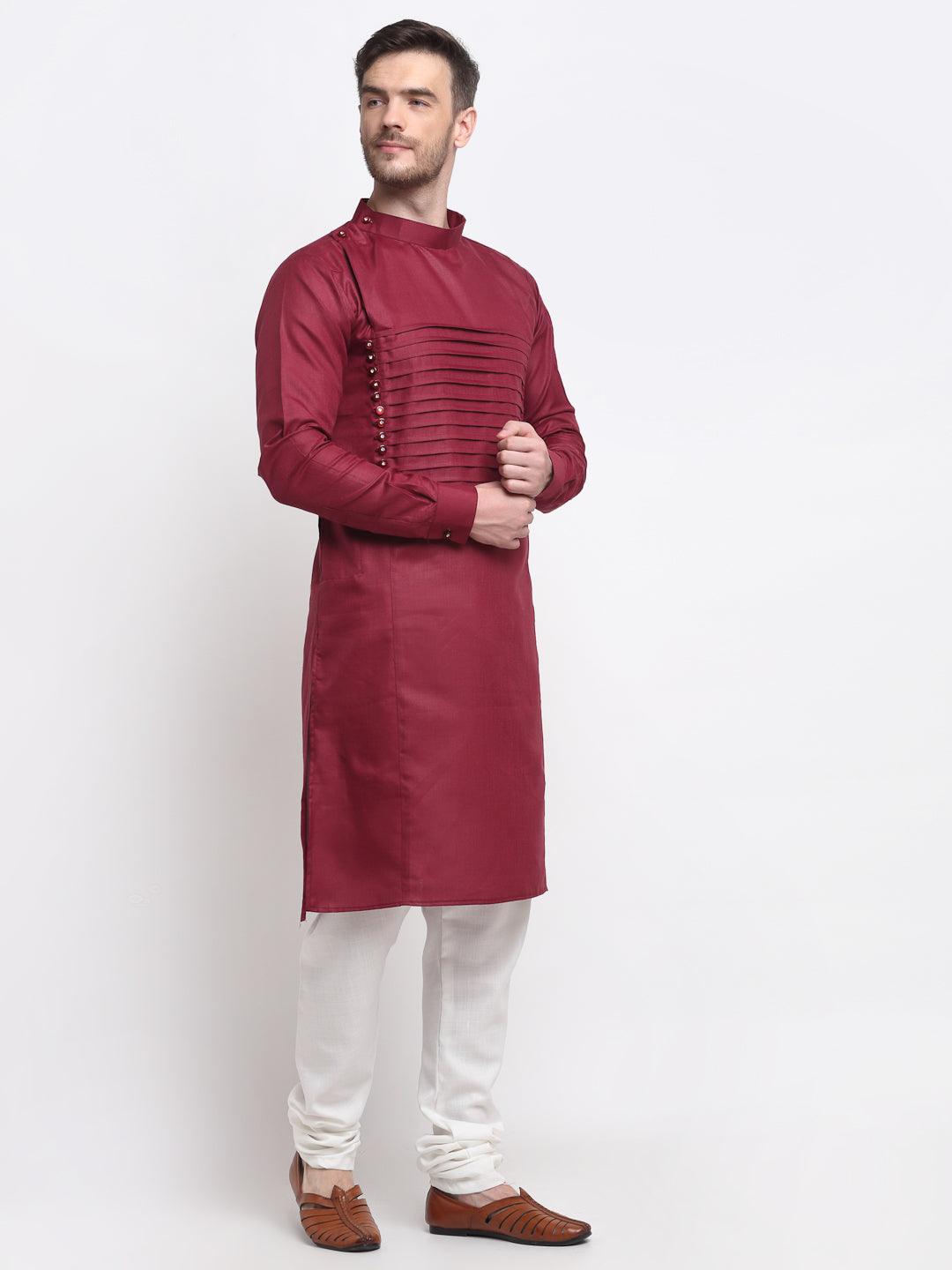 Men's Maroon Pintuck Design Kurta With White Churidaar Pyjama - Benstoke - Indiakreations