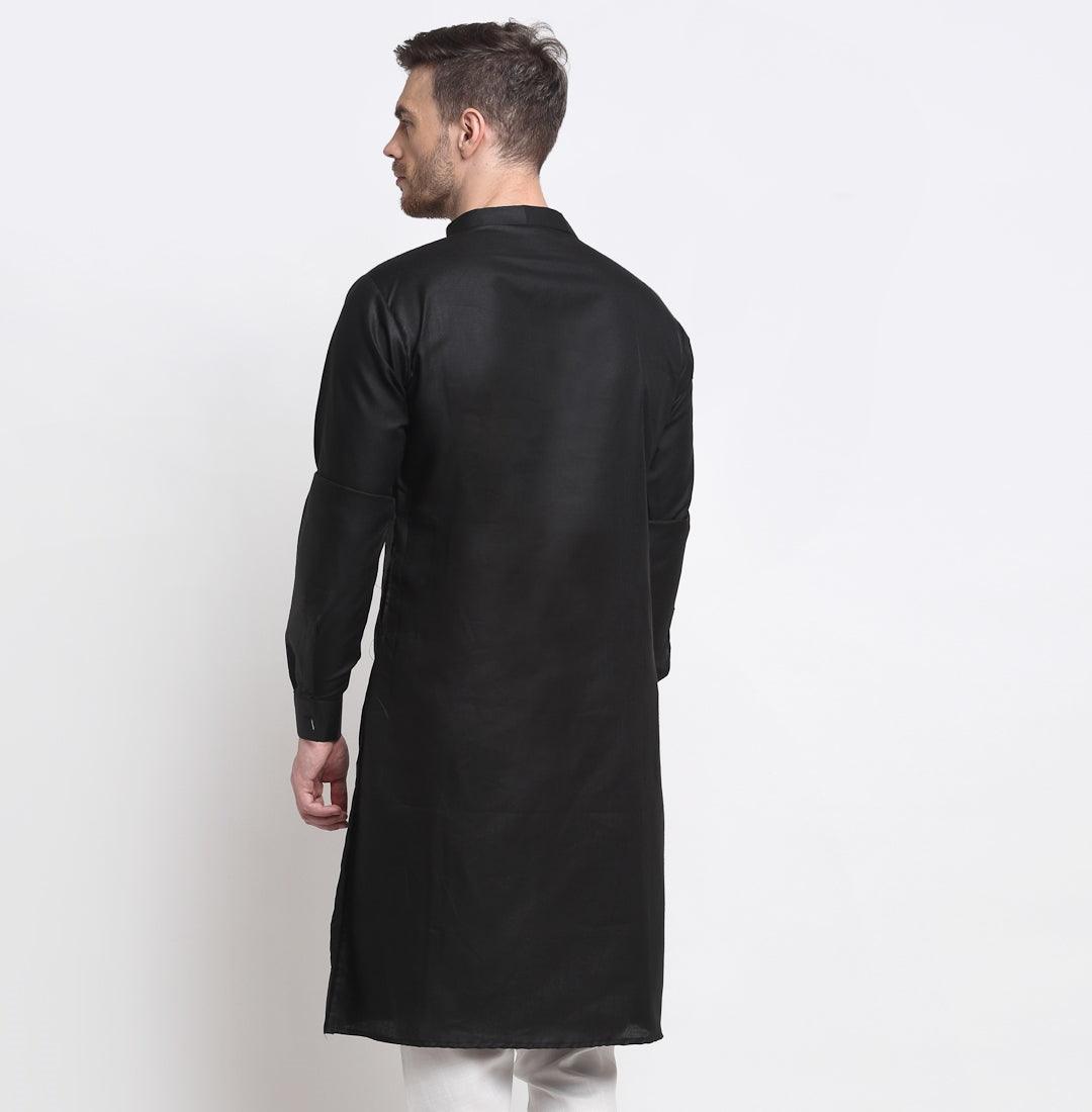 Men's Black Solid Long Kurta - Benstoke - Indiakreations