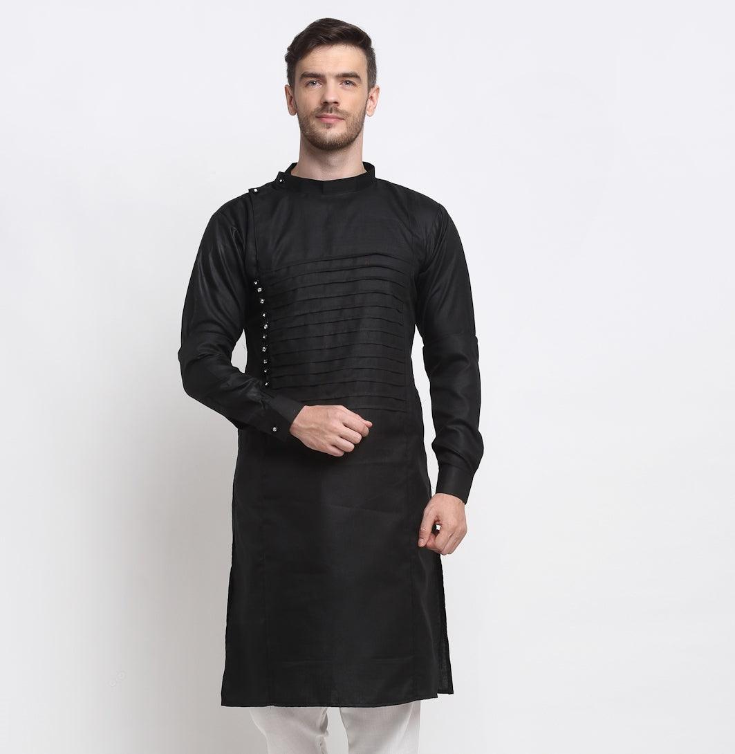 Men's Black Solid Long Kurta - Benstoke - Indiakreations