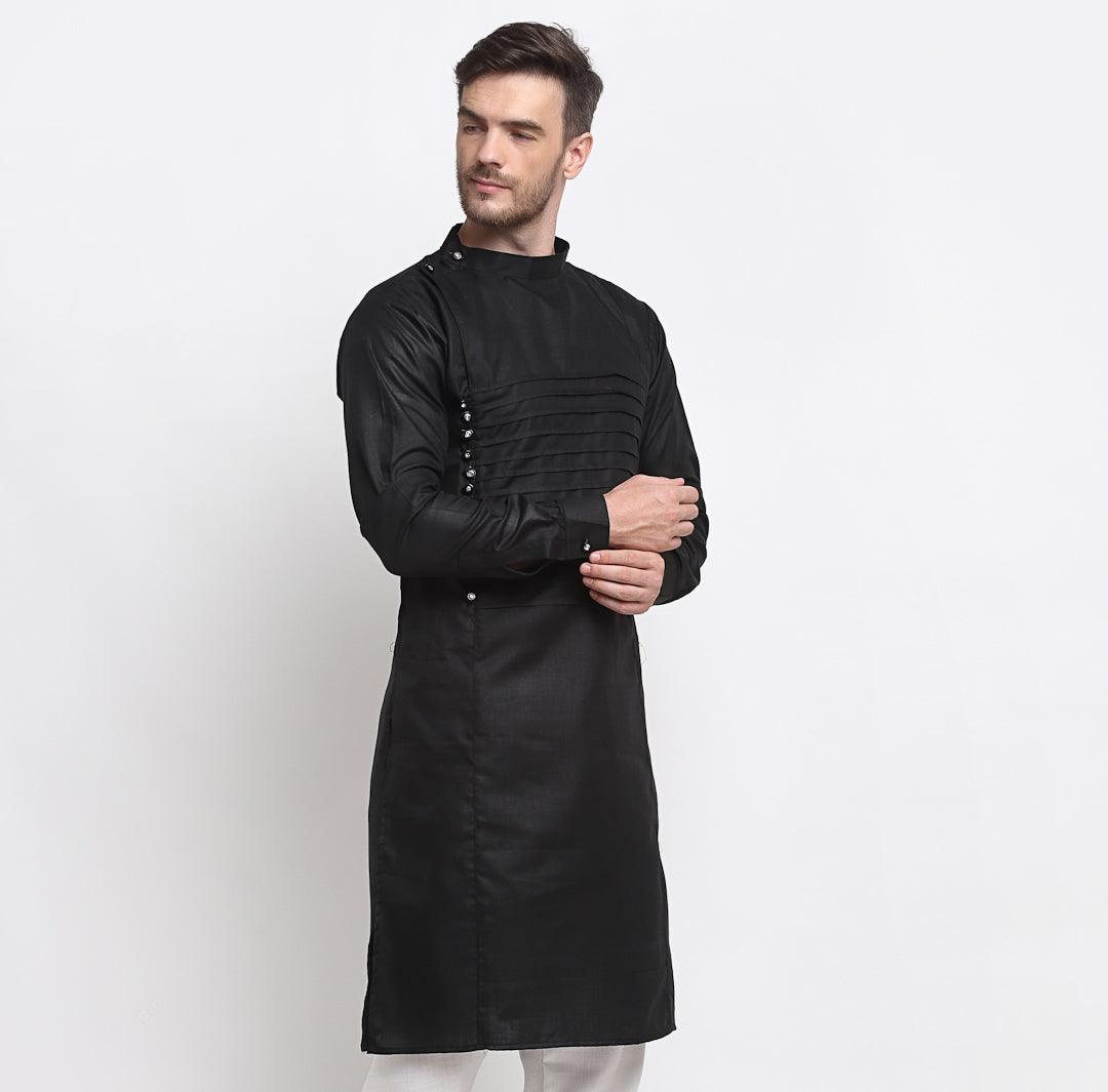 Men's Black Solid Long Kurta - Benstoke - Indiakreations