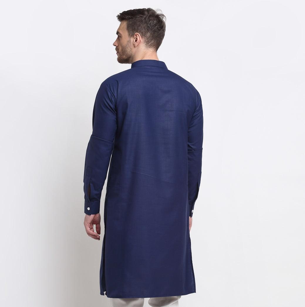 Men's Navy Blue Solid Long Kurta - Benstoke - Indiakreations