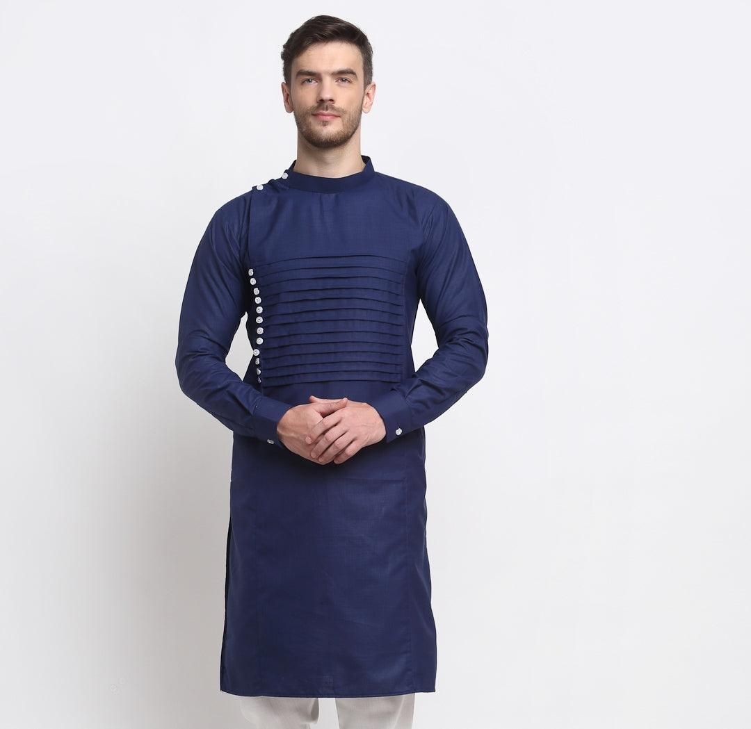 Men's Navy Blue Solid Long Kurta - Benstoke - Indiakreations