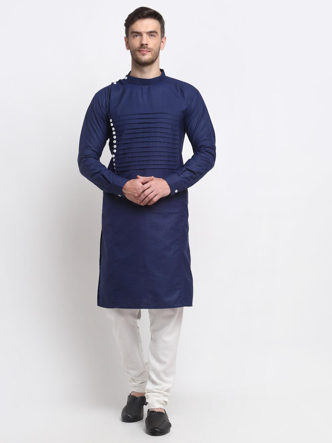 Men's Navy Blue Pintuck Design Kurta With White Churidaar Pyjama - Benstoke - Indiakreations