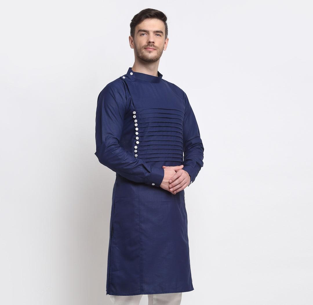 Men's Navy Blue Solid Long Kurta - Benstoke - Indiakreations