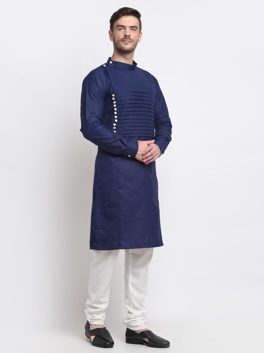 Men's Navy Blue Pintuck Design Kurta With White Churidaar Pyjama - Benstoke - Indiakreations