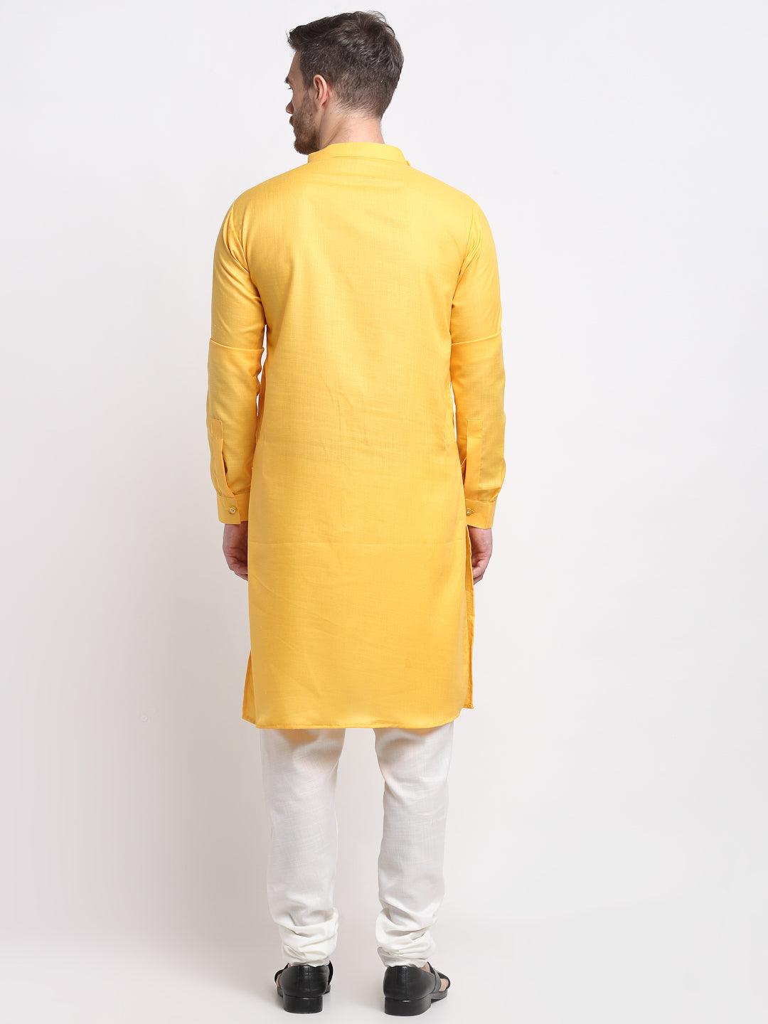 Men's Yellow Pintuck Design Kurta With White Churidaar Pyjama - Benstoke - Indiakreations