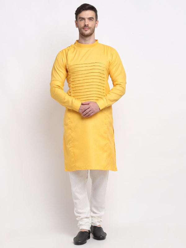 Men's Yellow Pintuck Design Kurta With White Churidaar Pyjama - Benstoke - Indiakreations