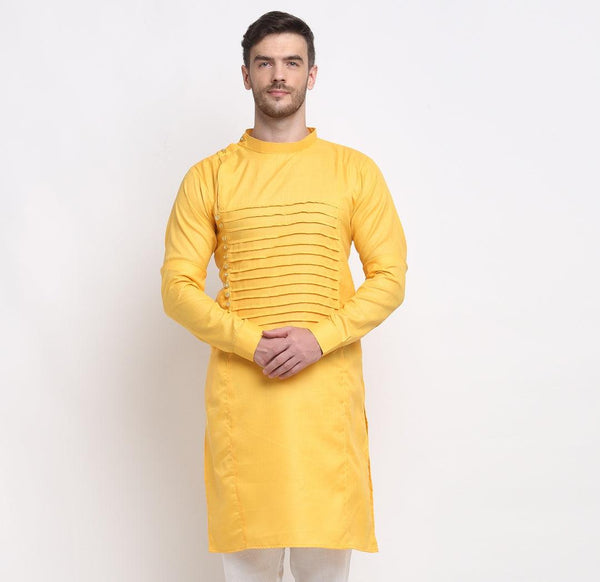 Men's Yellow Solid Long Kurta - Benstoke - Indiakreations