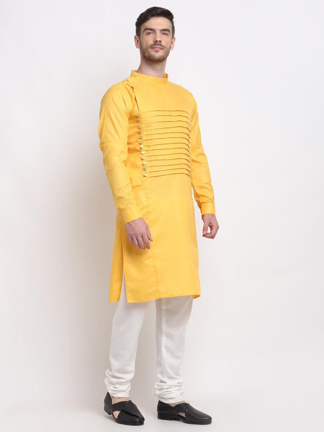 Men's Yellow Pintuck Design Kurta With White Churidaar Pyjama - Benstoke - Indiakreations