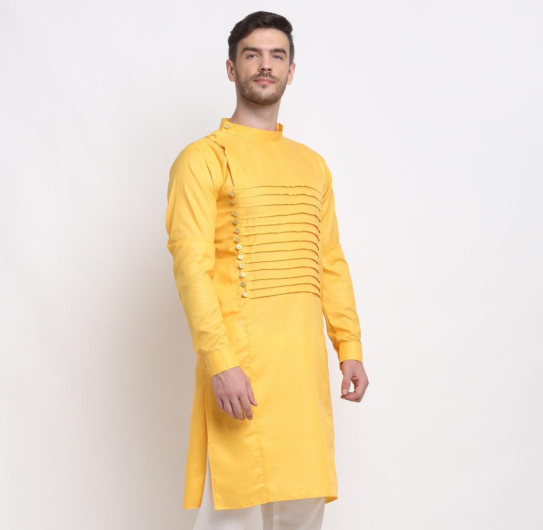 Men's Yellow Solid Long Kurta - Benstoke - Indiakreations