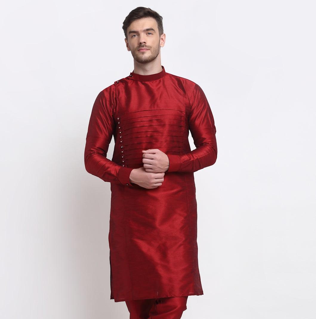 Men's Maroon Solid Long Kurta - Benstoke - Indiakreations