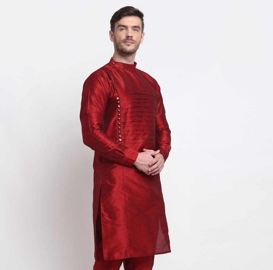 Men's Maroon Solid Long Kurta - Benstoke - Indiakreations