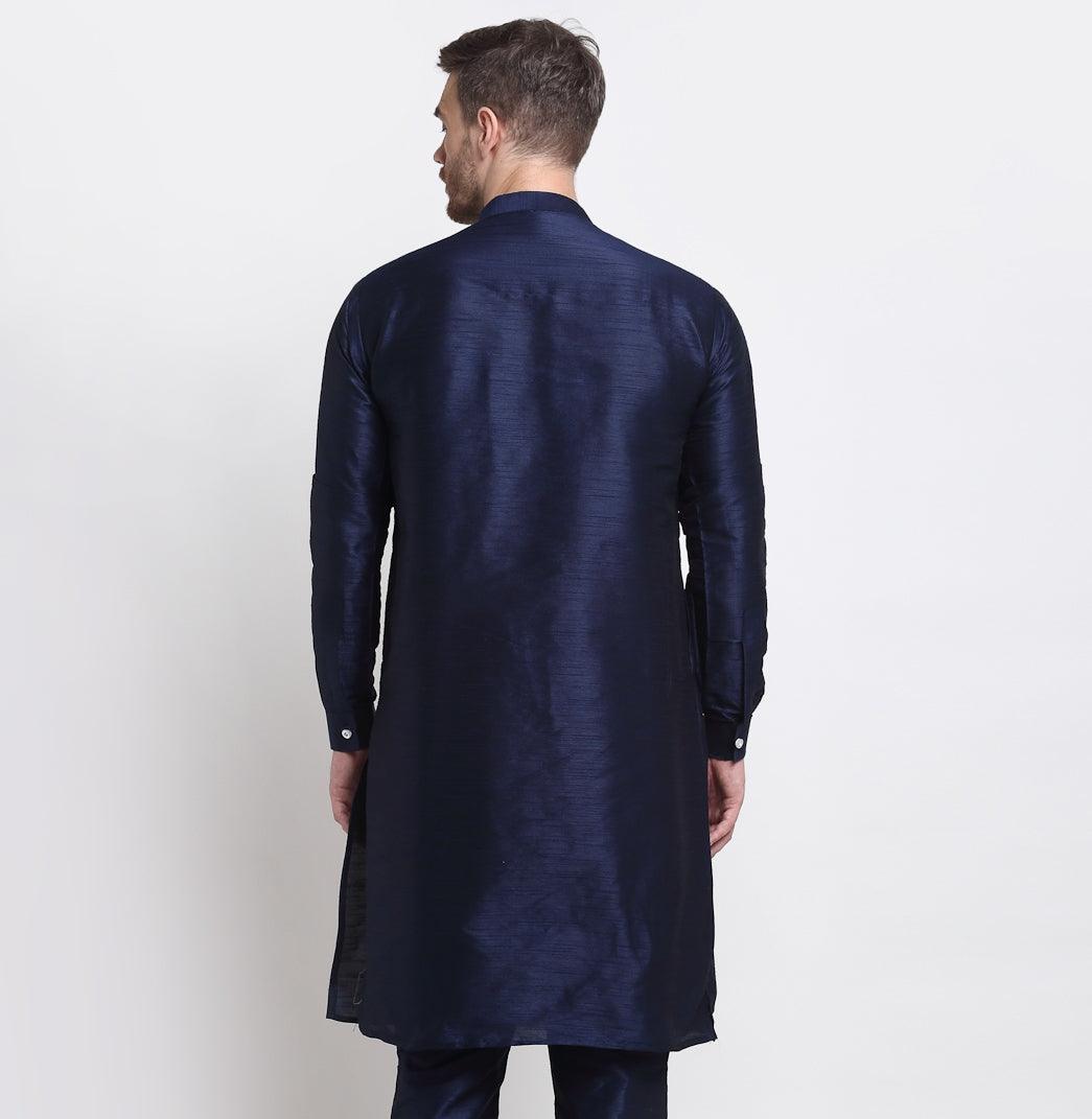 Men's Navy Blue Solid Long Kurta - Benstoke - Indiakreations