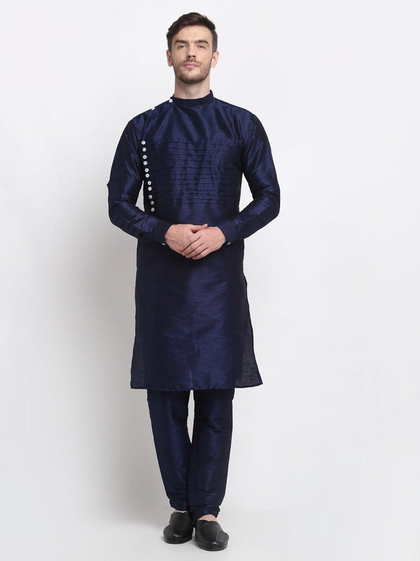 Men's Navy Blue Solid Kurta With Churidaar Pyjama - Benstoke - Indiakreations