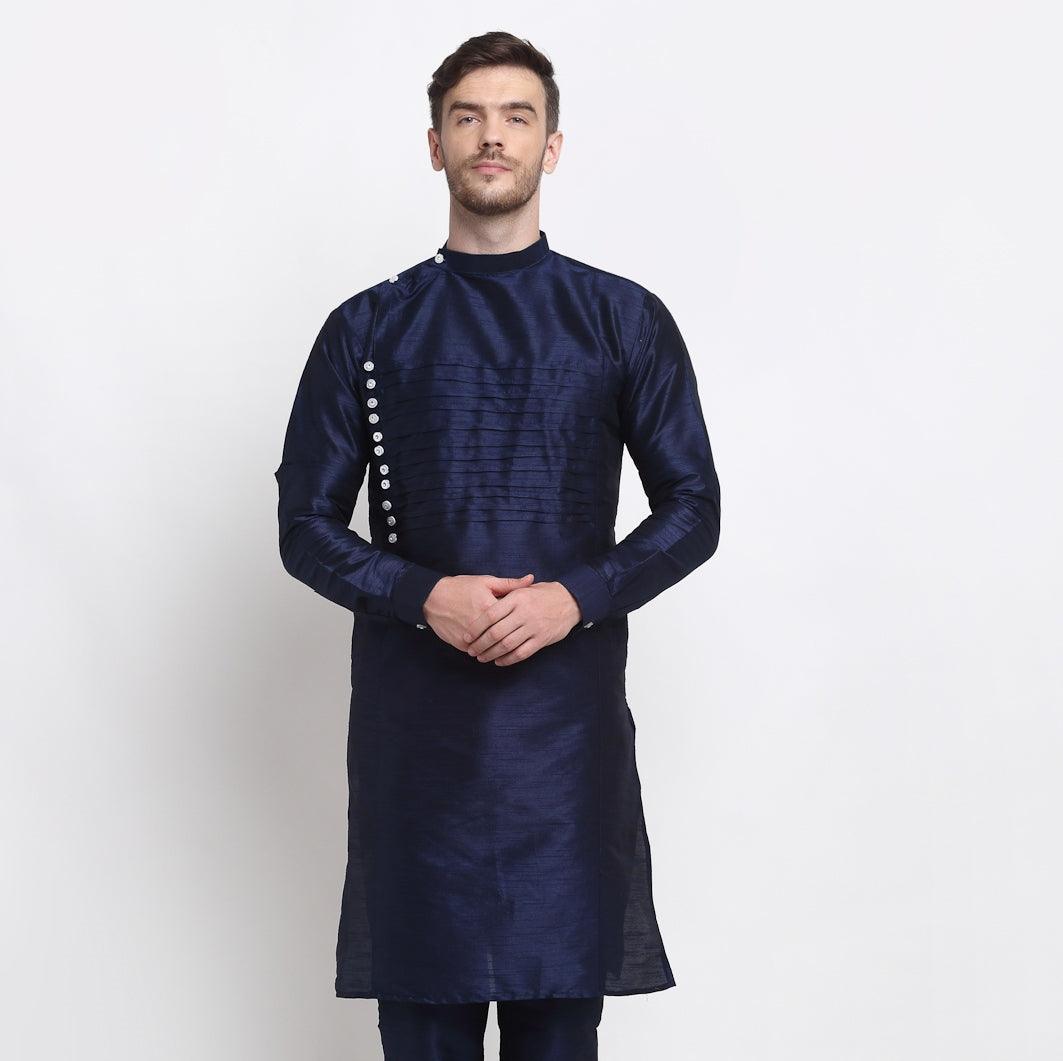 Men's Navy Blue Solid Long Kurta - Benstoke - Indiakreations