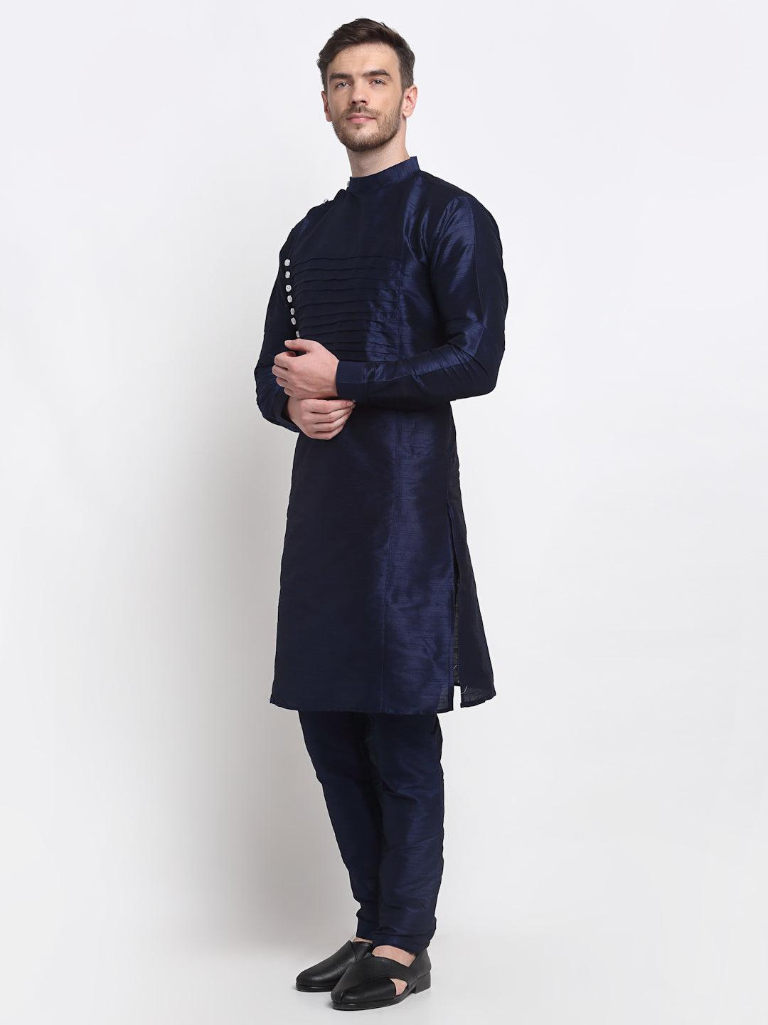 Men's Navy Blue Solid Kurta With Churidaar Pyjama - Benstoke - Indiakreations