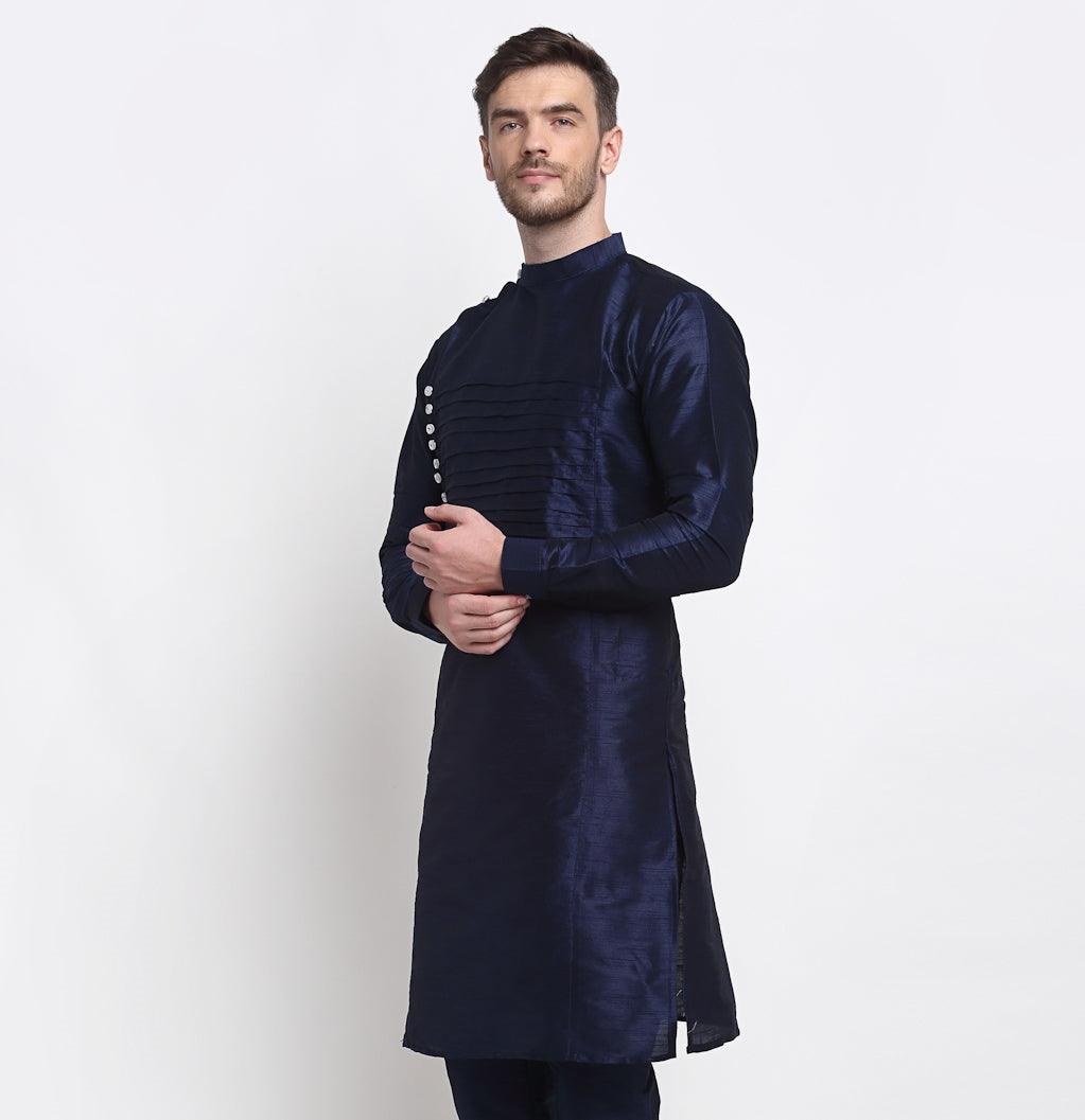 Men's Navy Blue Solid Long Kurta - Benstoke - Indiakreations