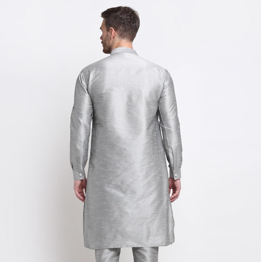 Men's Grey Solid Long Kurta - Benstoke - Indiakreations