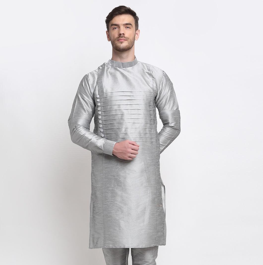 Men's Grey Solid Long Kurta - Benstoke - Indiakreations