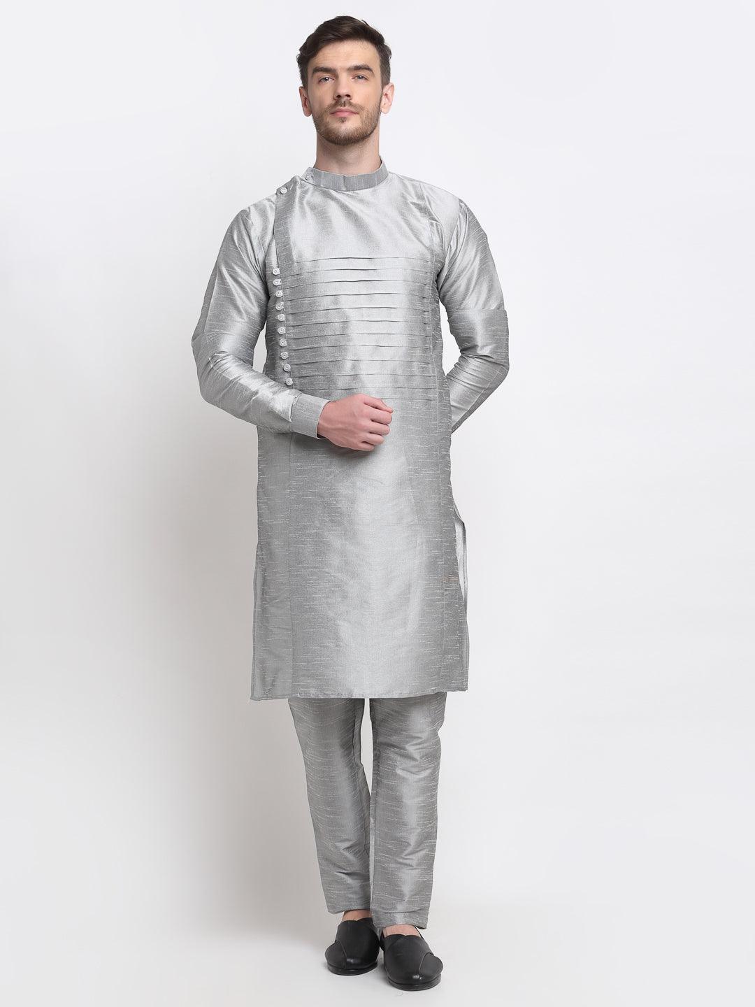 Men's Grey Solid Kurta With Churidaar Pyjama - Benstoke - Indiakreations